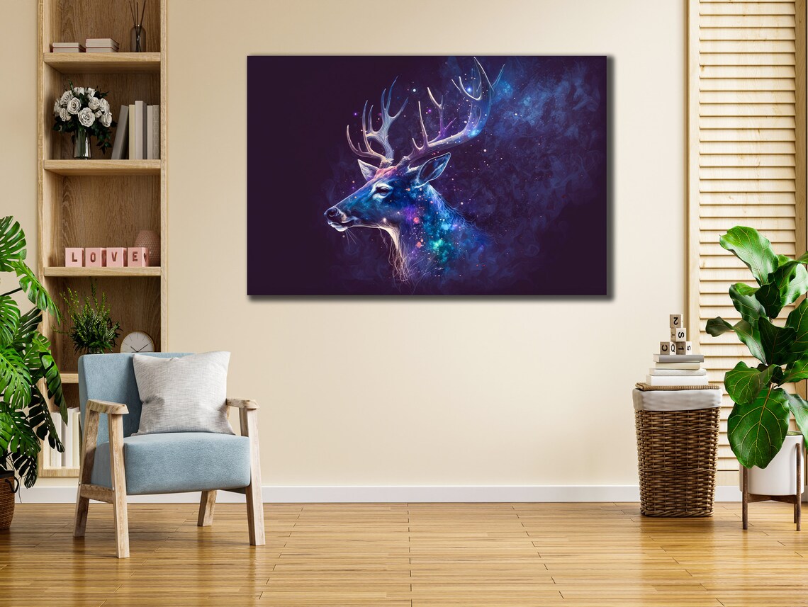 Cosmic Galaxy Deer Stag Head Nebula Dark Purple Wildlife Wall Art Poster