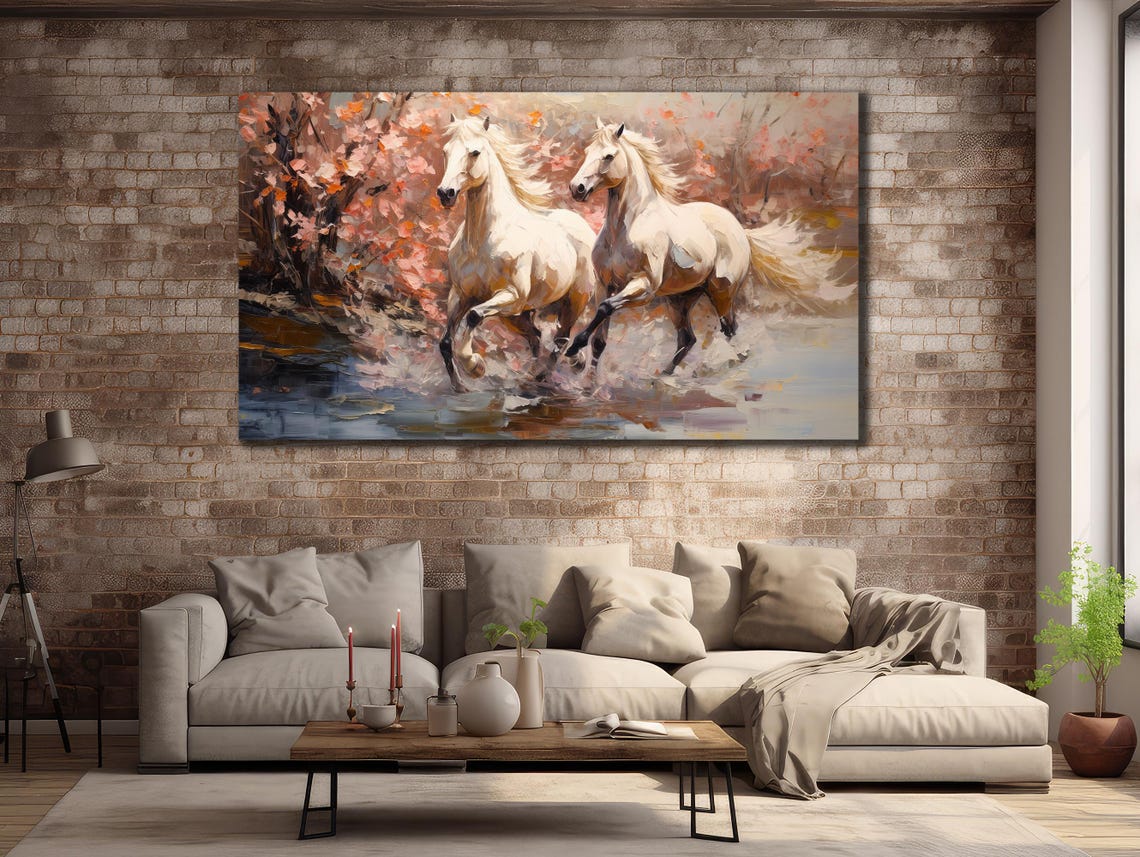 Two White Horses Galloping Through Water Pink Blossom Art Poster