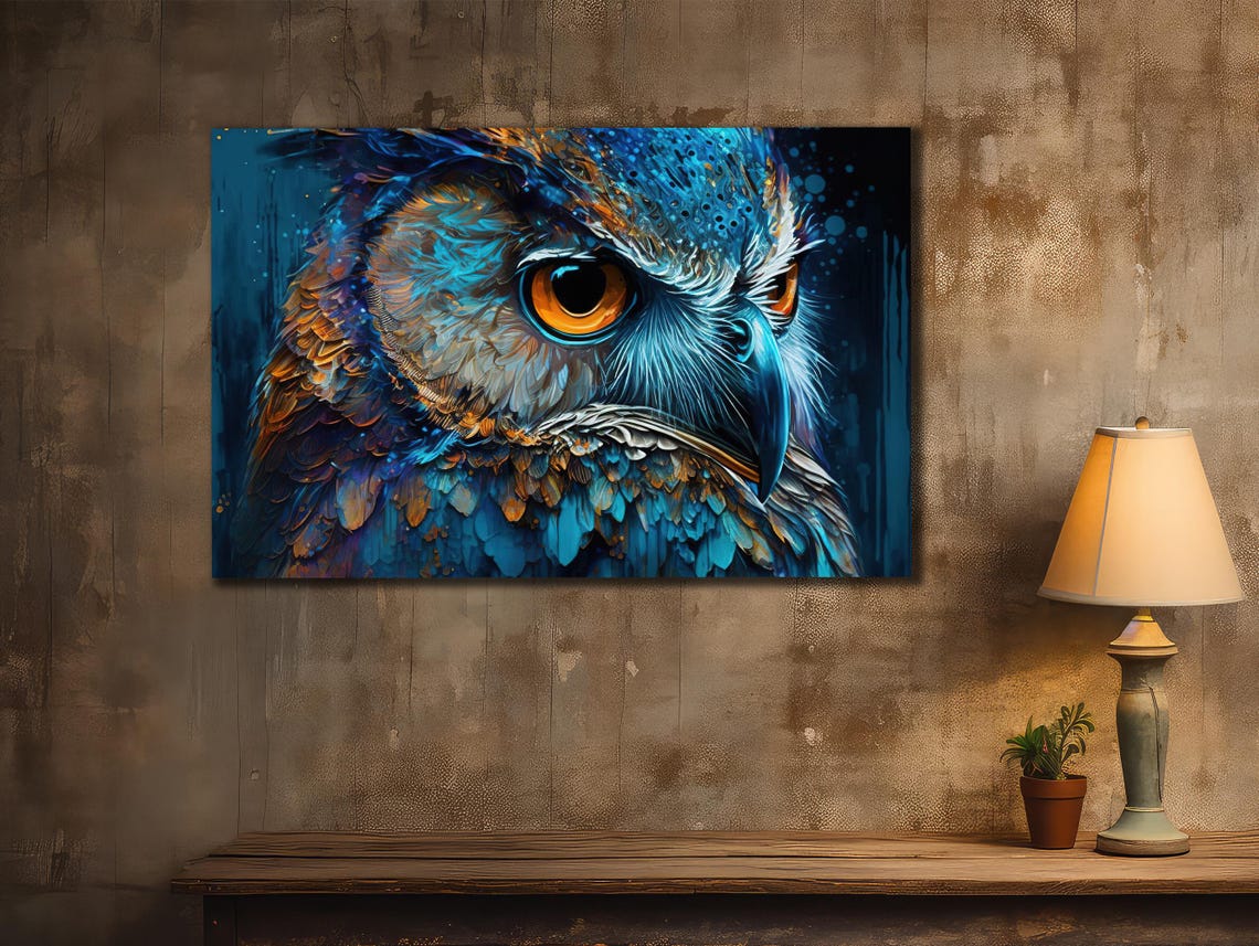Blue Owl Close-Up Portrait Cobalt Feathers Piercing Eyes Art Poster