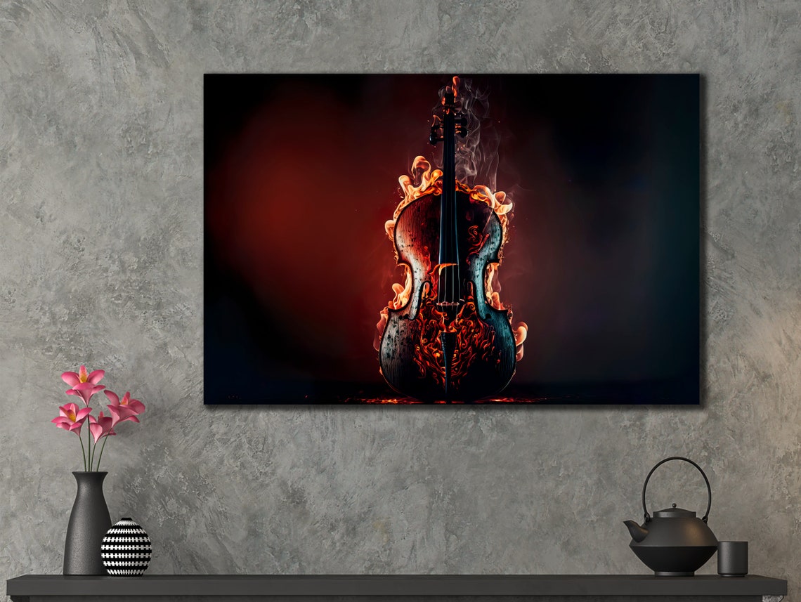 Burning Violin Engulfed In Flames Dark Dramatic Music Art Poster - Image 2