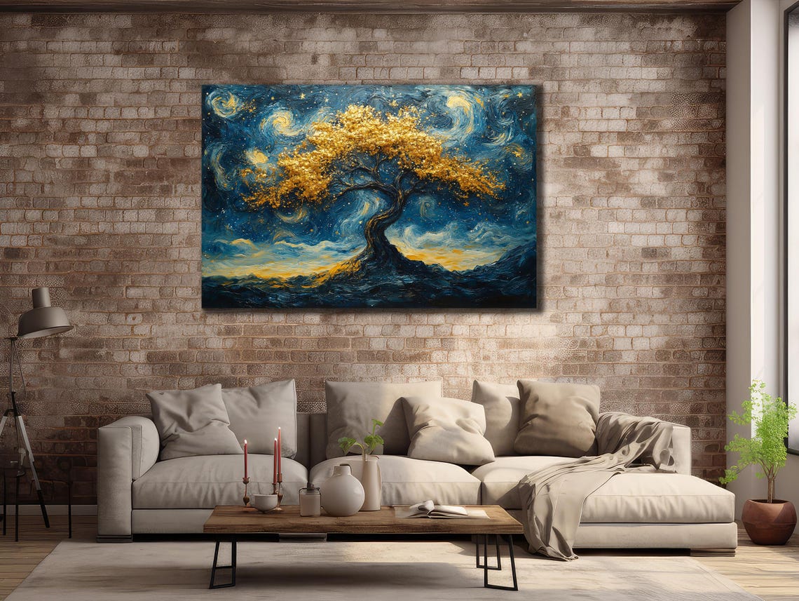 Golden Tree Starry Night Swirling Blue Sky Van Gogh Style Poster - Image 2
