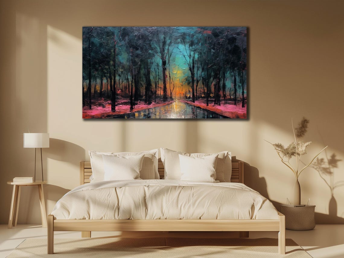 Forest Path at Sunset Dark Trees Pink Ground Glow Landscape Art Poster - Image 3