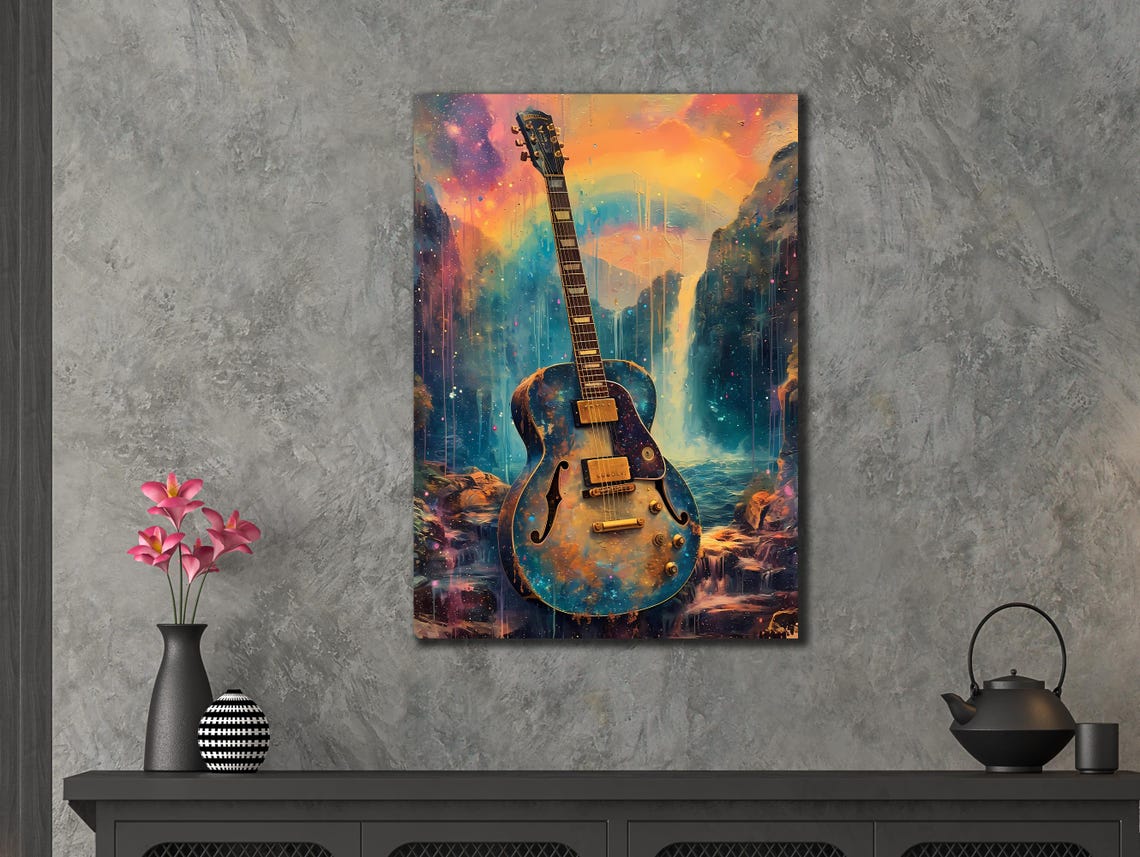 Electric Guitar Waterfall Galaxy Scene Surreal Musical Art Poster - Image 3