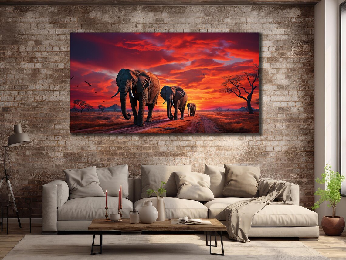 Elephant Family Walking African Sunset Safari Wildlife Wall Art Poster