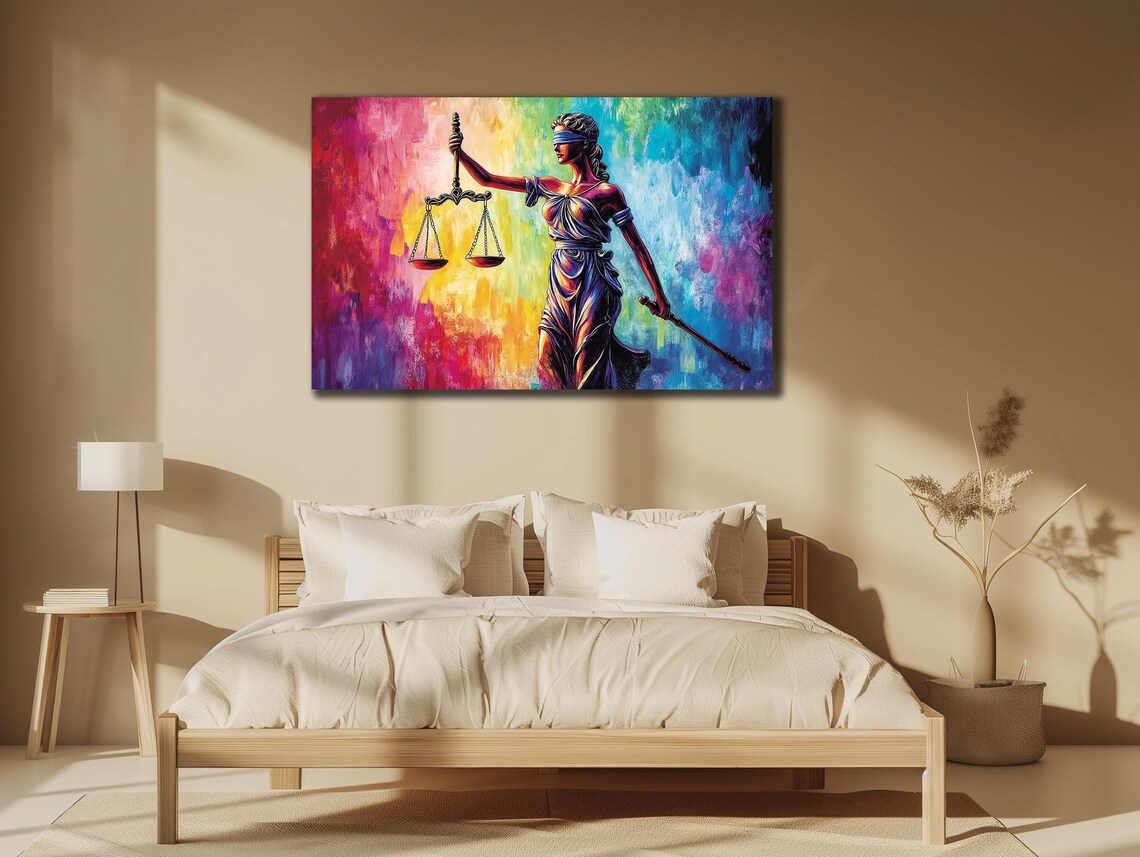 Blindfolded Lady Justice Statue Scales Rainbow Abstract Lawyer Poster