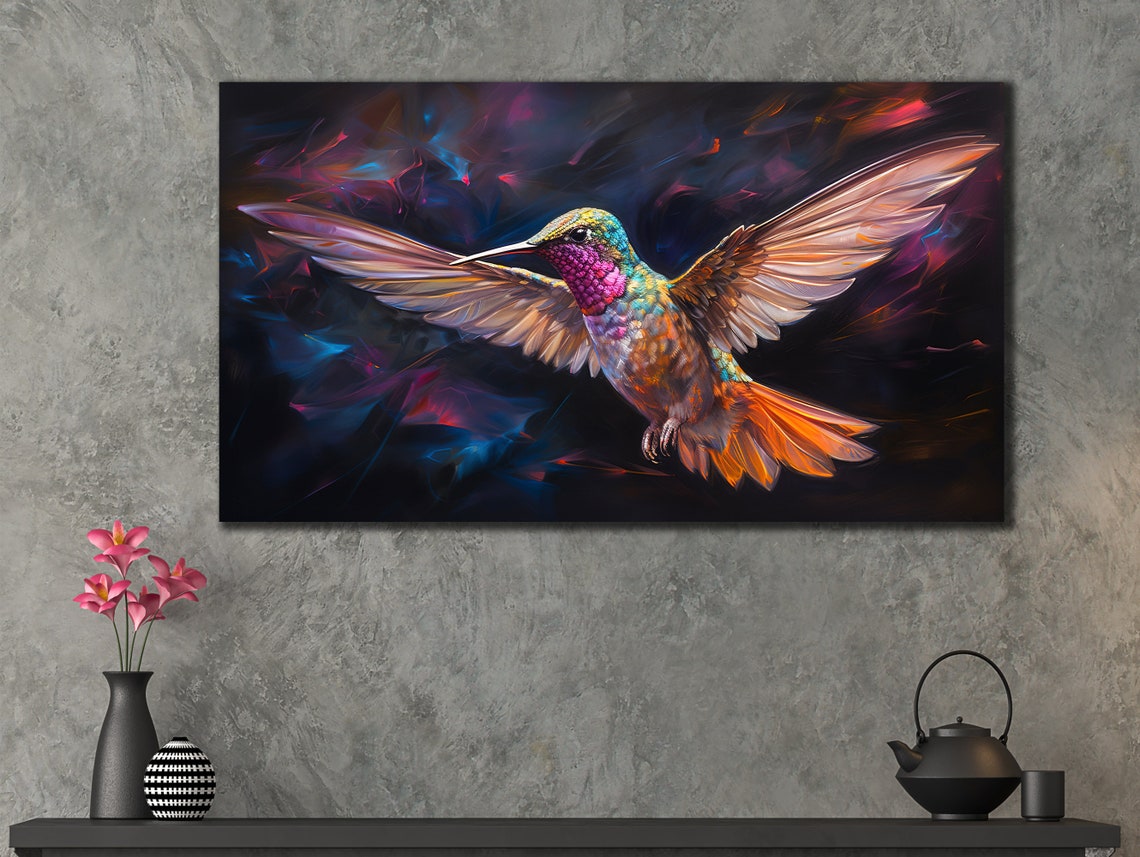 Colorful Hummingbird In Flight Dark Background Wildlife Art Poster - Image 2