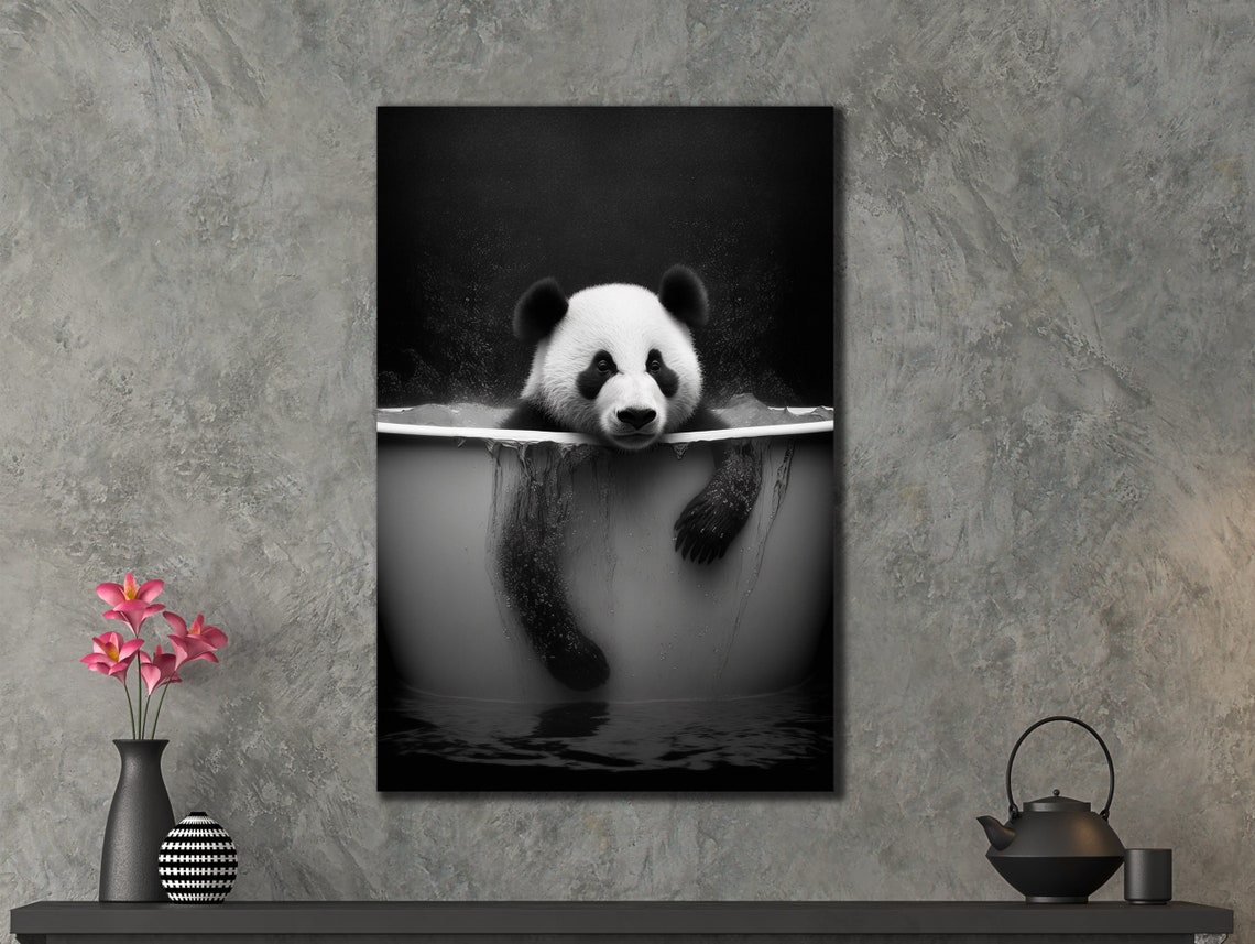 Cute Panda Bathing Bathtub Black White Funny Bathroom Wall Art - Image 3