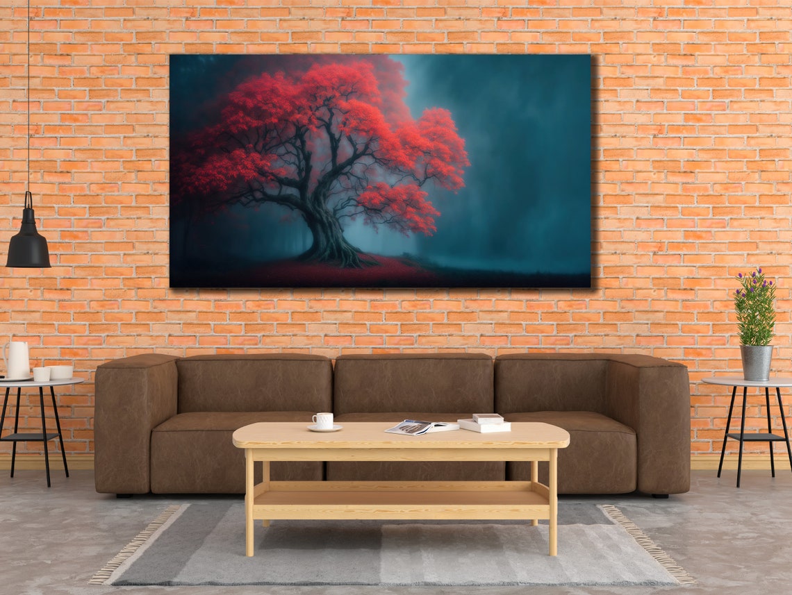 Red Tree Misty Teal Forest Dreamy Nature Painting Wall Art Print - Image 2