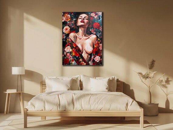 Woman Among Roses Nude Floral Oil Painting Colorful Sensual Art Poster