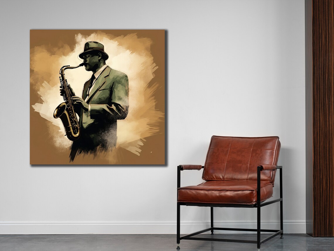 Jazz Saxophone Player Suit Hat Sepia Painting Music Lover Wall Poster - Image 2