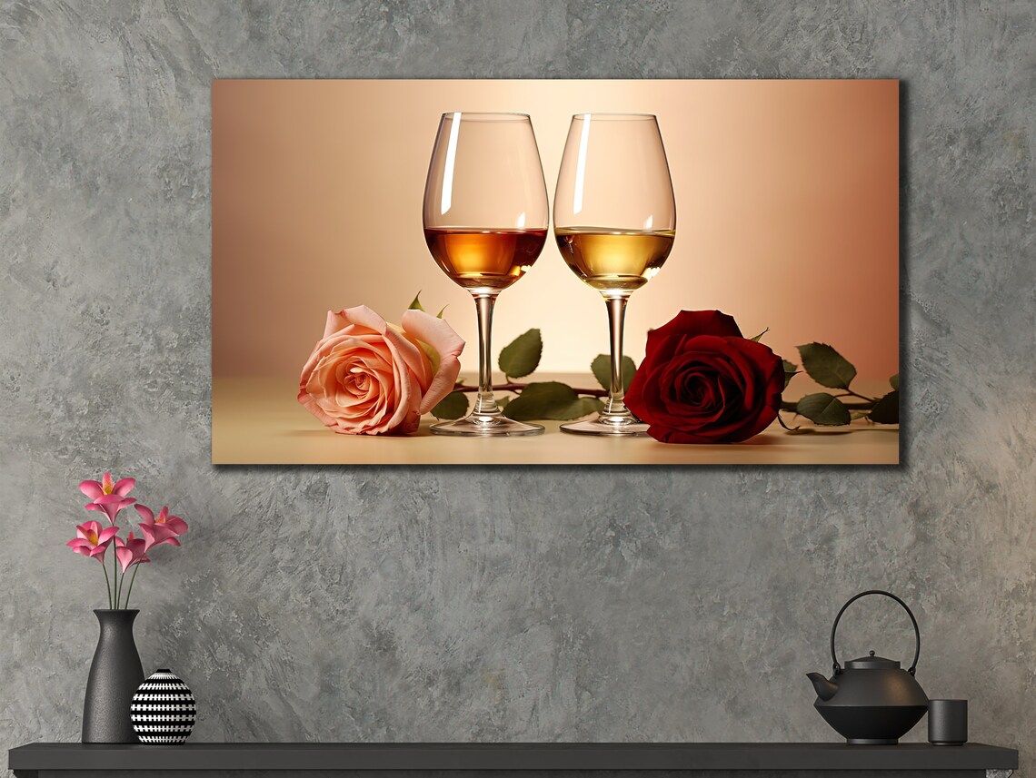 Wine Glasses Roses Romantic Still Life Warm Beige Kitchen Bar Art Poster - Image 2