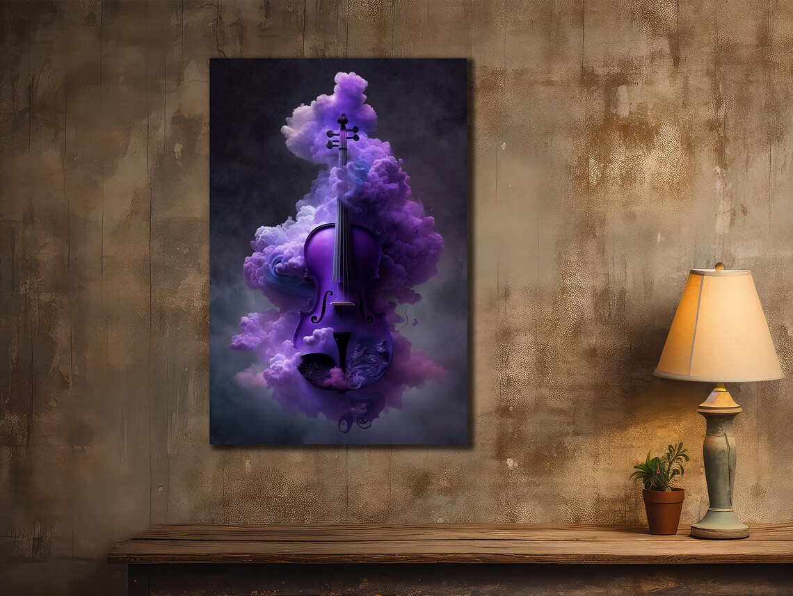 Purple Violin Rising From Violet Smoke Surreal Music Instrument Wall Art Poster