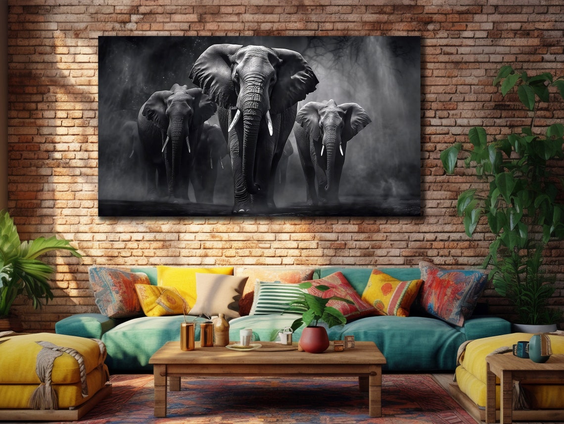 Elephant Herd Dark Smoky Background Black White Wildlife Art Poster