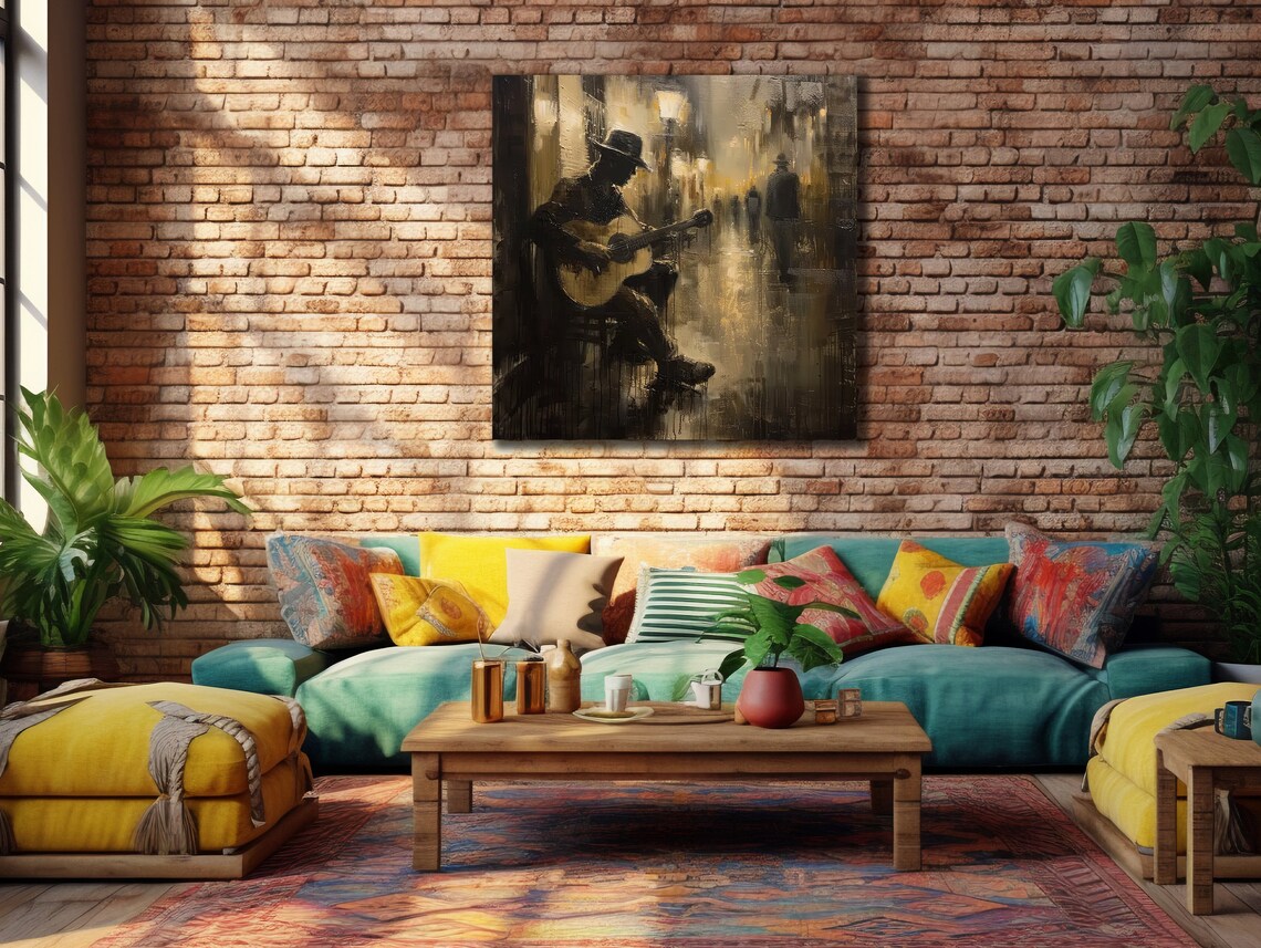 Street Guitarist in Golden Rainy Night Alley Impressionist Music Art Print - Image 2
