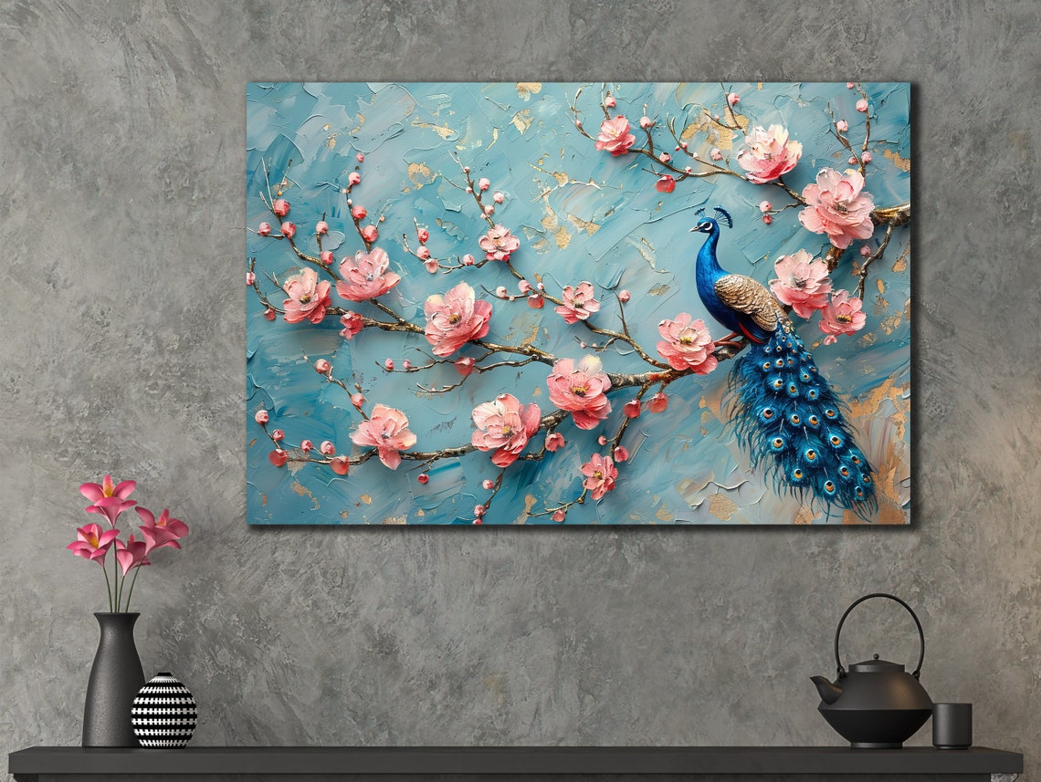Peacock Perched Among Pink Blossoms Impasto Style Wall Art Poster - Image 3