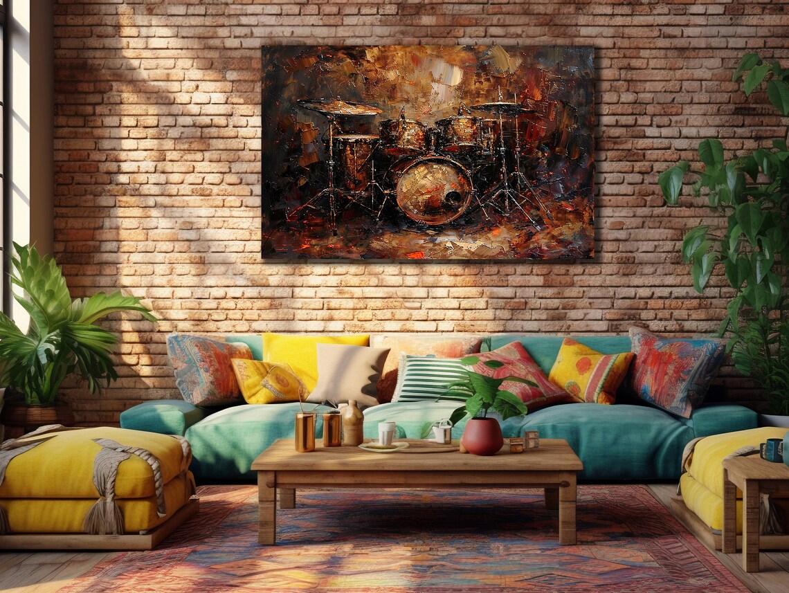 Drum Kit Abstract Painting in Warm Rust Tones Music Room Poster - Image 2