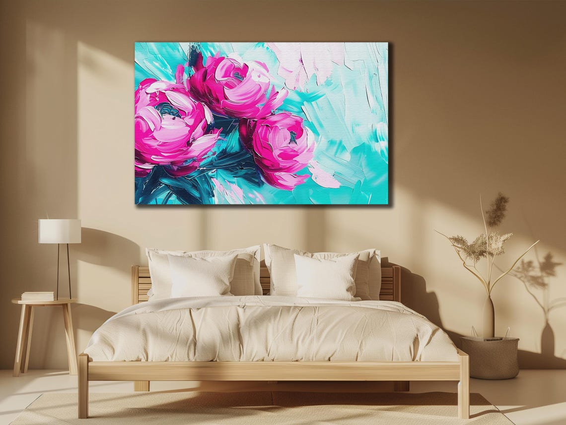 Magenta Peonies Turquoise Background Impasto Floral Artwork Poster - Image 3