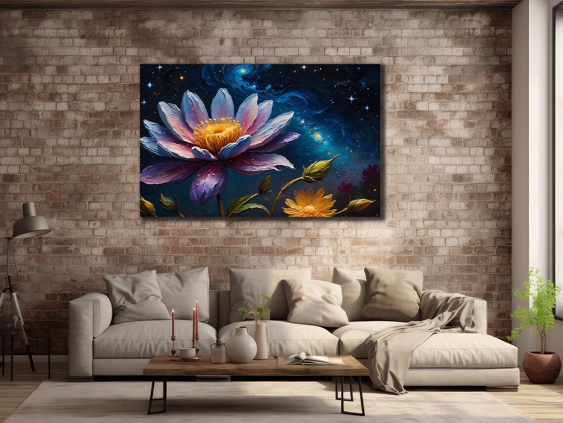 Pink Lotus Flower Starry Night Sky Cosmic Floral Wall Art Poster - Image 3