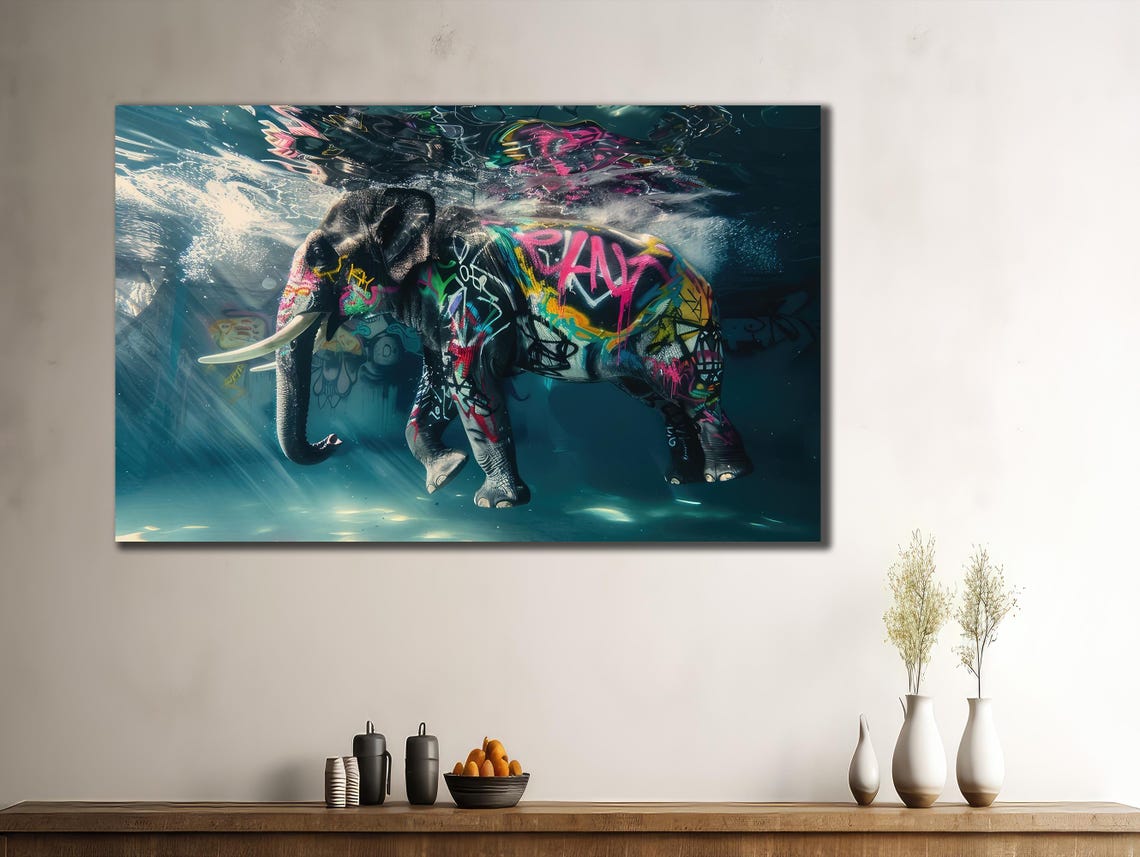 Colorful Graffiti Elephant Swimming Underwater Turquoise Ocean Poster - Image 2