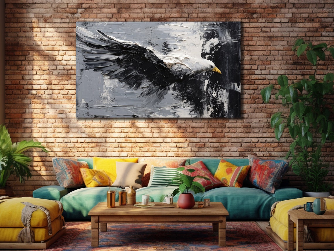Seagull In Flight Black White Monochrome Impasto Bird Wall Art Print