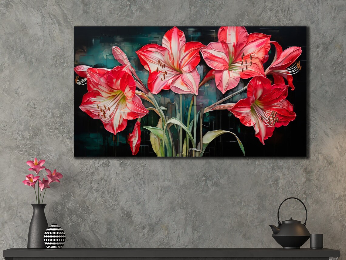 Red Amaryllis Flowers Dark Background Bold Floral Wall Art Print - Image 3