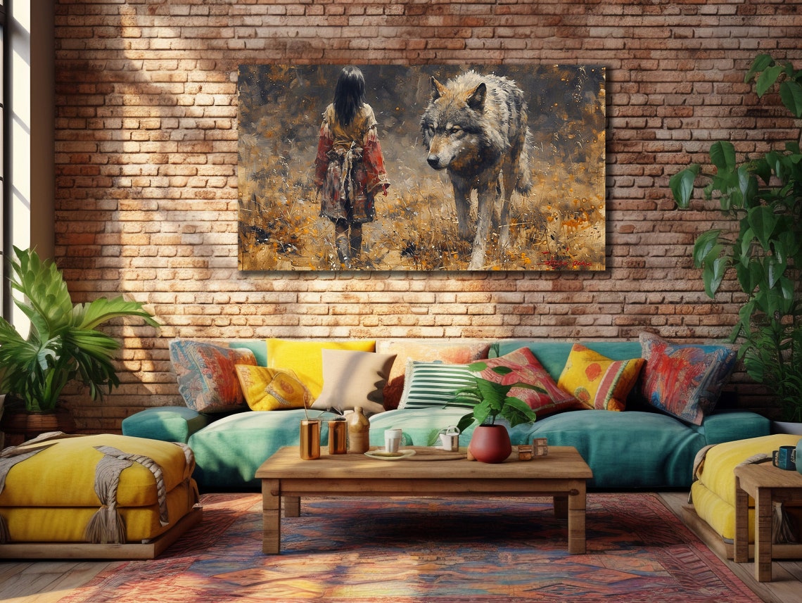 Girl Walking With Wolf Autumn Field Rustic Wildlife Wall Art Poster