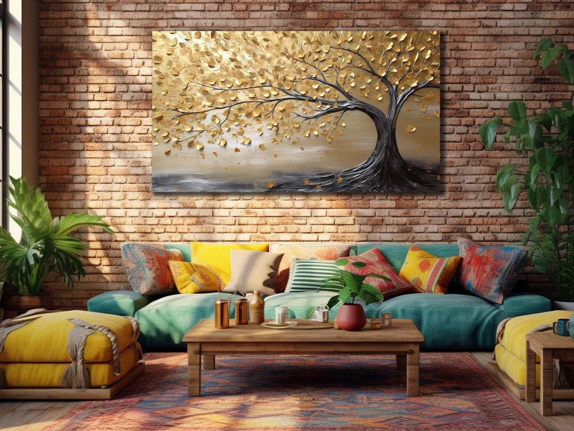 Golden Tree Dark Branches Gold Leaves Textured Nature Wall Art Poster