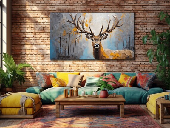 Majestic Stag Antlers Abstract Blue Gray Forest Wildlife Wall Art Print