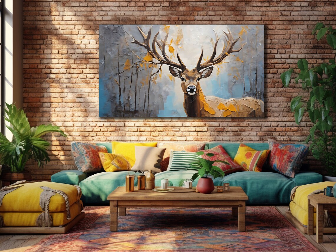 Majestic Stag Antlers Abstract Blue Gray Forest Wildlife Wall Art Print
