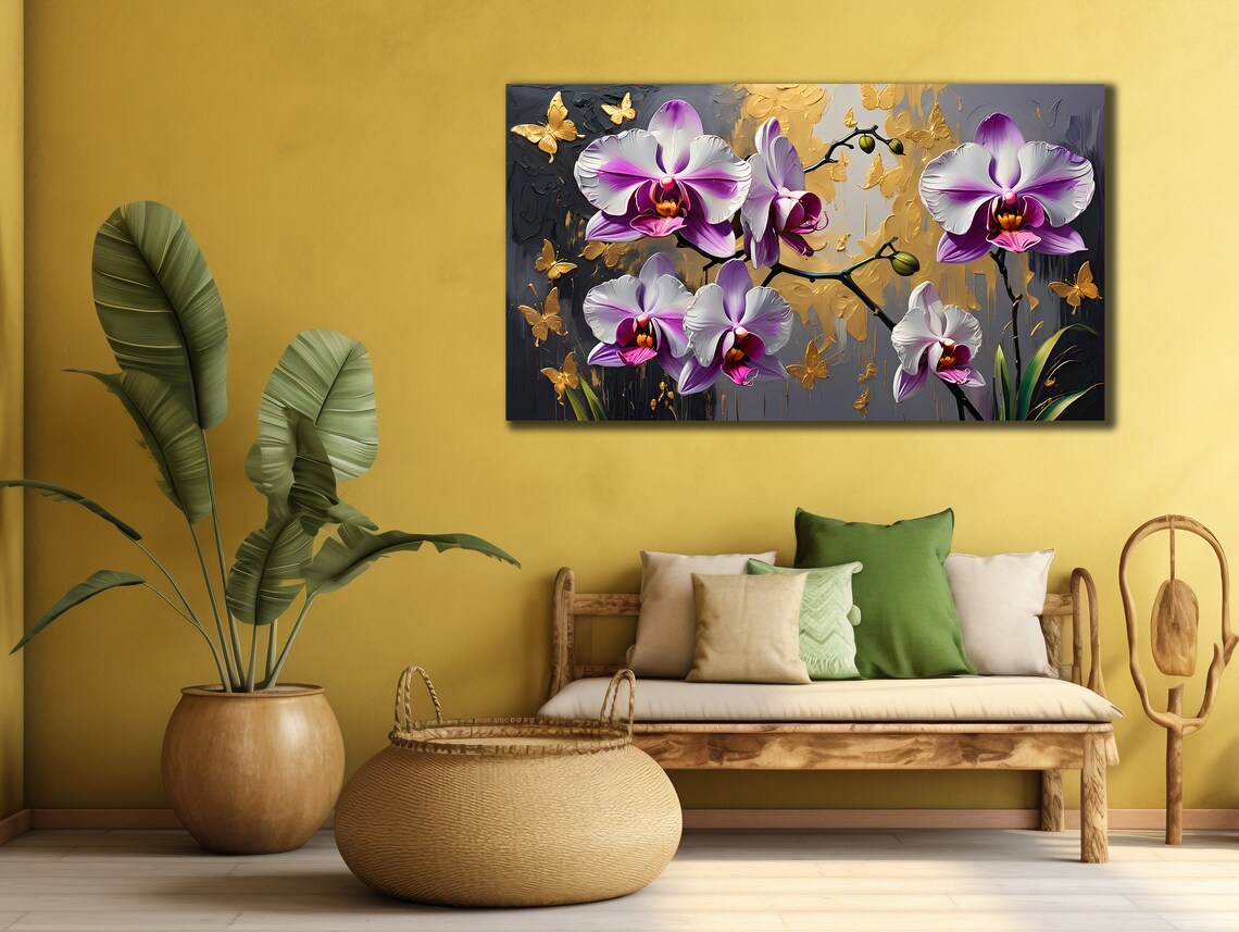 Purple Orchid Flowers Gold Butterflies Textured Floral Wall Art Print