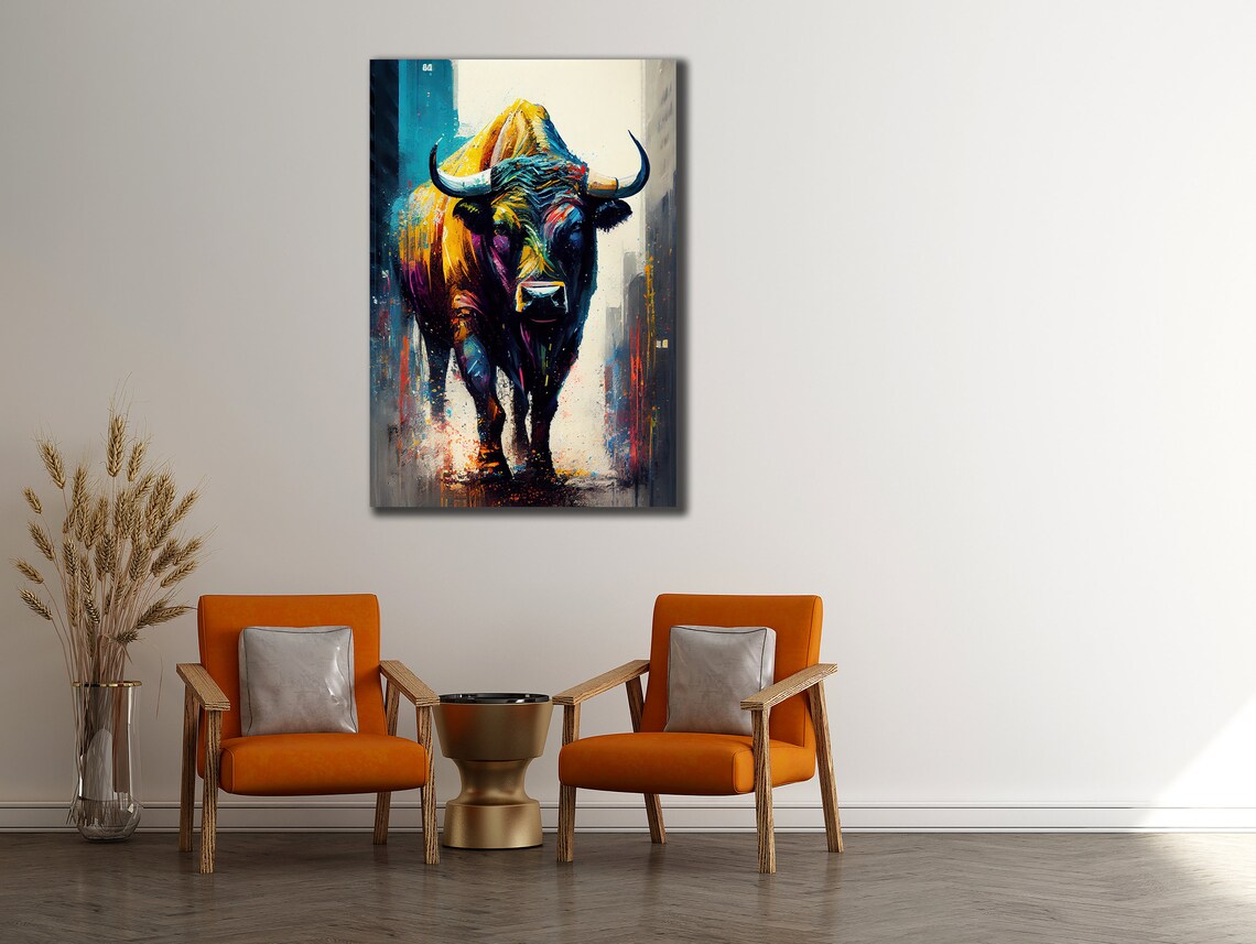 Colorful Bull Walking City Street Pop Art Animal Portrait Poster - Image 2