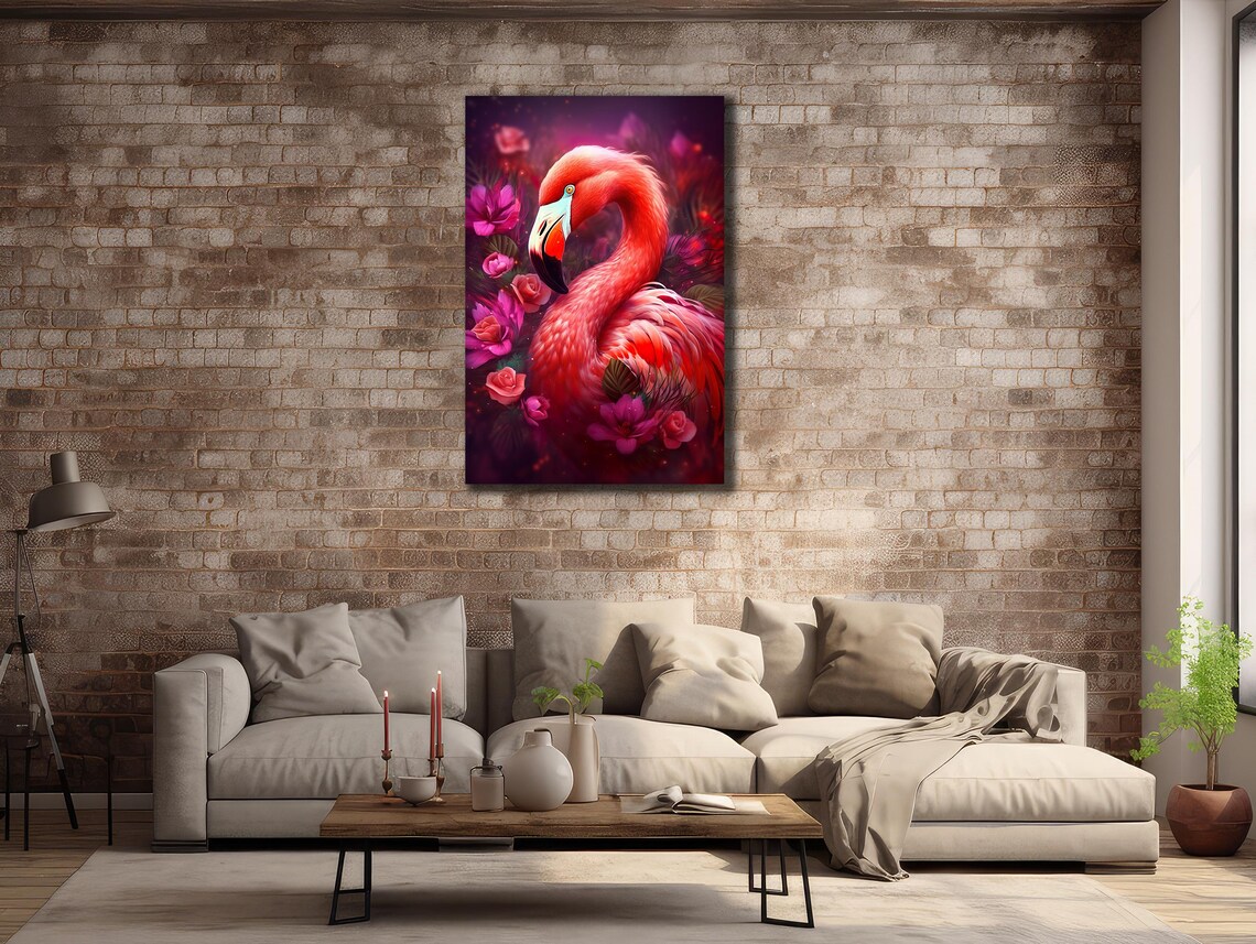 Pink Flamingo Blooming Flowers Dark Tropical Bird Wall Art Print - Image 2