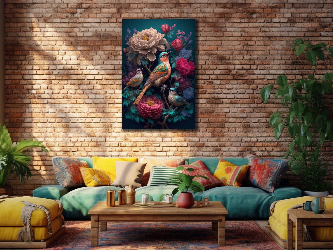 Colorful Songbirds and Peonies Floral Bird Art Teal Wall Poster - Image 2