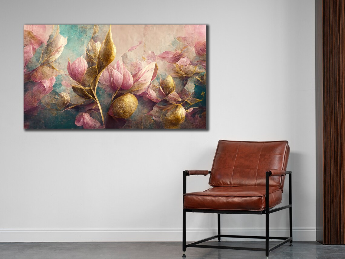Pink Magnolia Blossoms Gold Leaves Luxe Floral Wall Art Poster - Image 3
