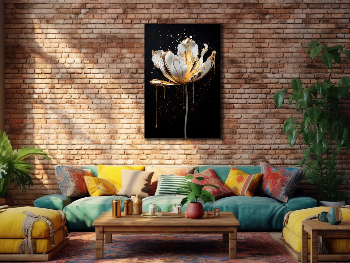 White and Gold Flower Black Background Modern Floral Wall Art Poster - Image 3
