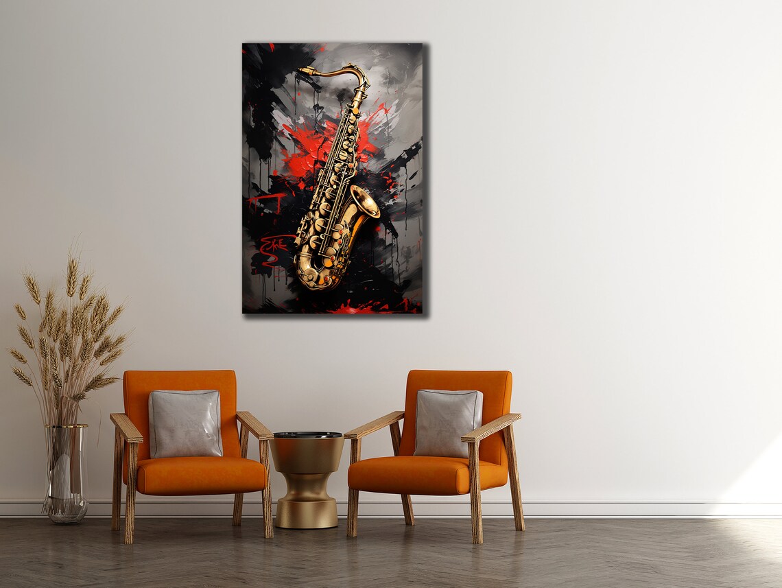 Jazz Saxophone Golden Instrument Red Black Splash Painting Poster