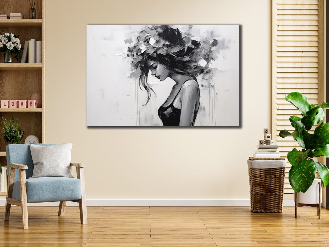 Black White Woman Profile Floral Crown Elegant Monochrome Wall Print - Image 2