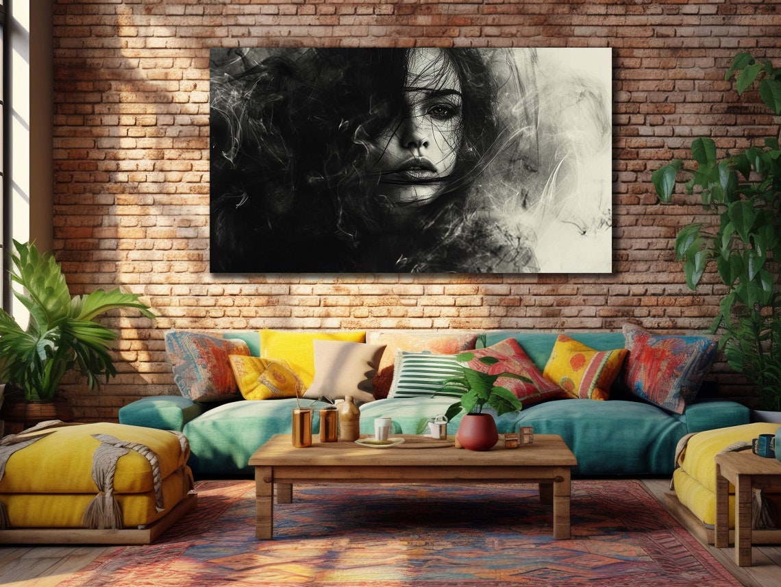 Black And White Woman Face Emerging From Smoke Moody Portrait Poster