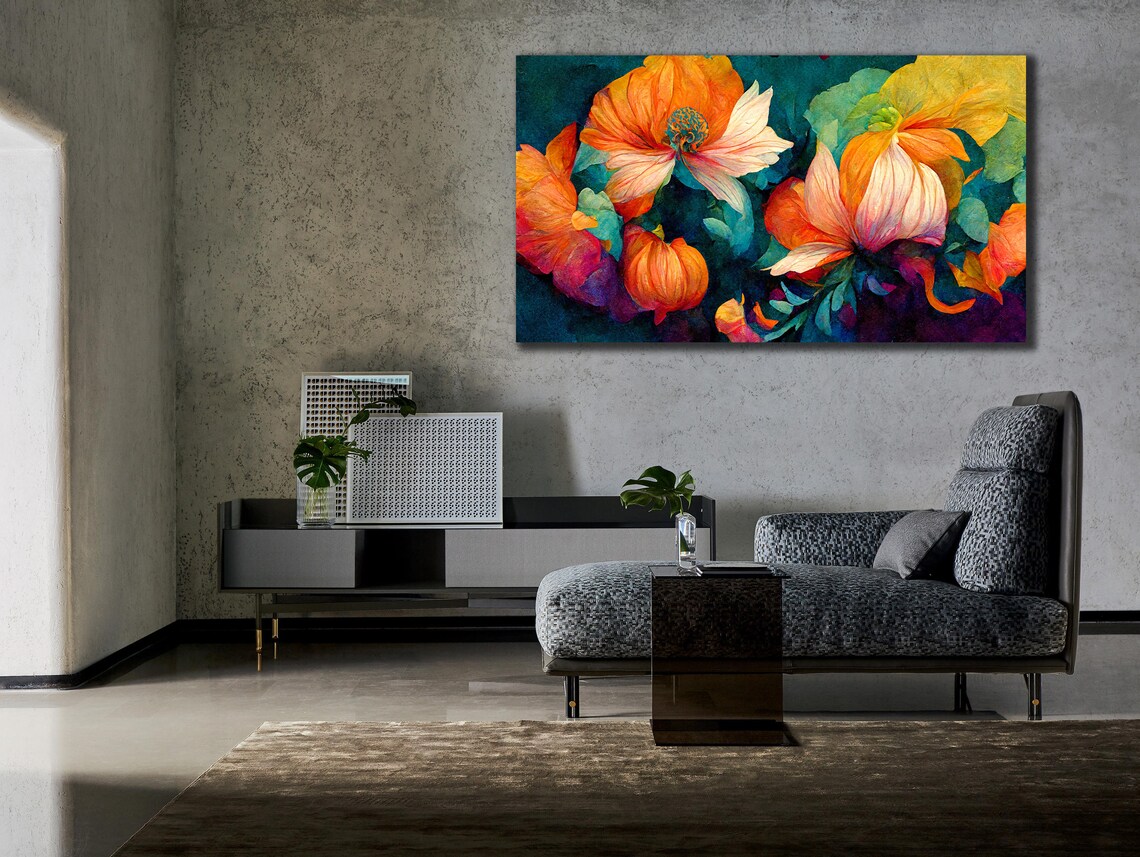 Orange Poppy Flowers Teal Background Floral Oil Painting Wall Art - Image 2