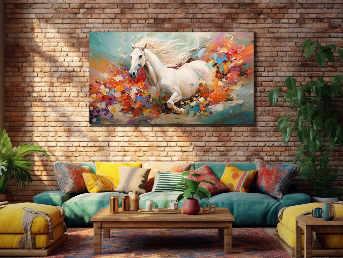 White Horse Galloping Through Colorful Abstract Splash Wall Art - Image 2