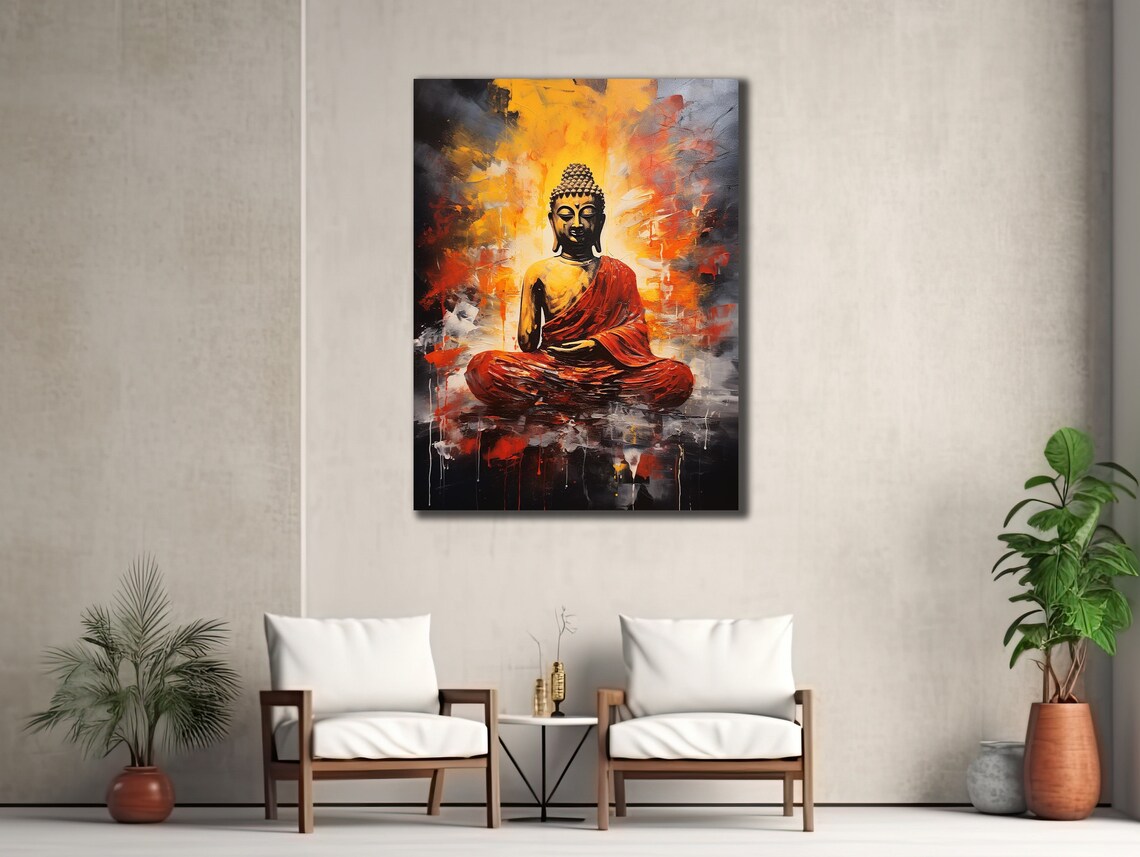 Meditating Buddha Red Robe Fiery Abstract Zen Spiritual Wall Poster - Image 3