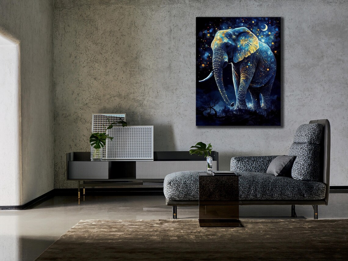 Blue Elephant Starry Night Golden Stars Crescent Moon Fantasy Art Print - Image 3