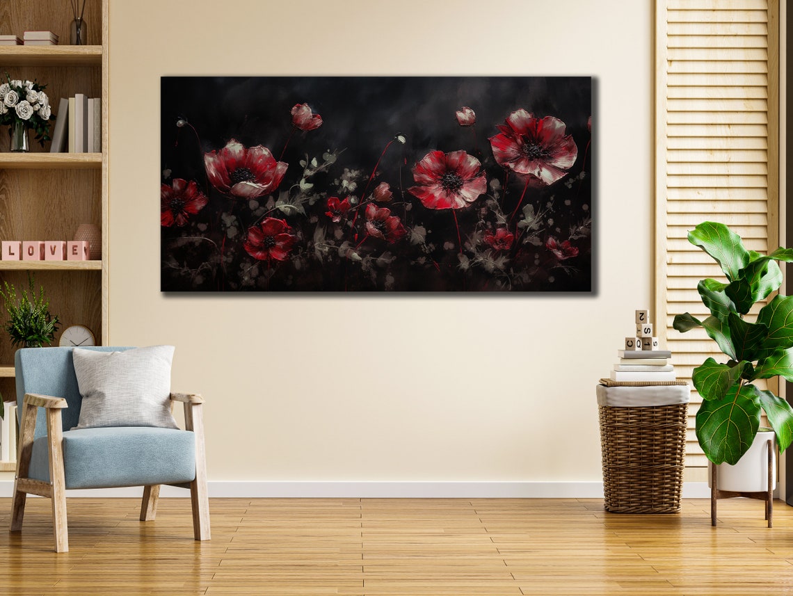 Red Poppy Flowers On Black Background Extra Large Floral Poster - Image 2