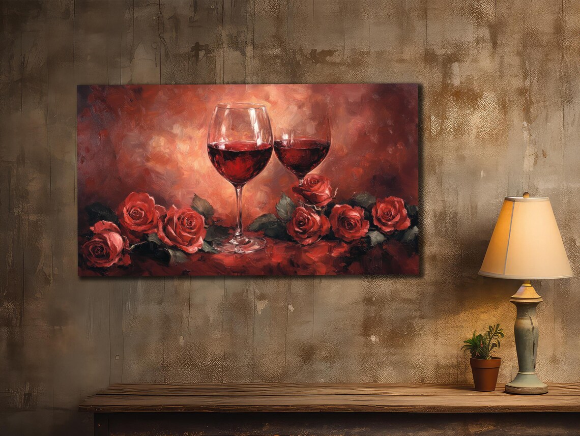 Red Wine Glasses Red Roses Romantic Still Life Painting Poster - Image 2