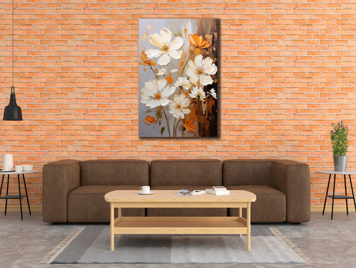 White Cosmos Flowers Orange Accents Impasto Floral Wall Art Print
