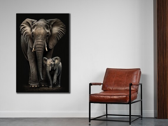 Mother Elephant And Calf On Black Photorealistic Wildlife Art Print
