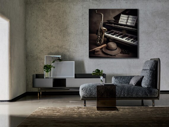 Vintage Jazz Saxophone Piano Still Life Sepia Music Decor Wall Art Print