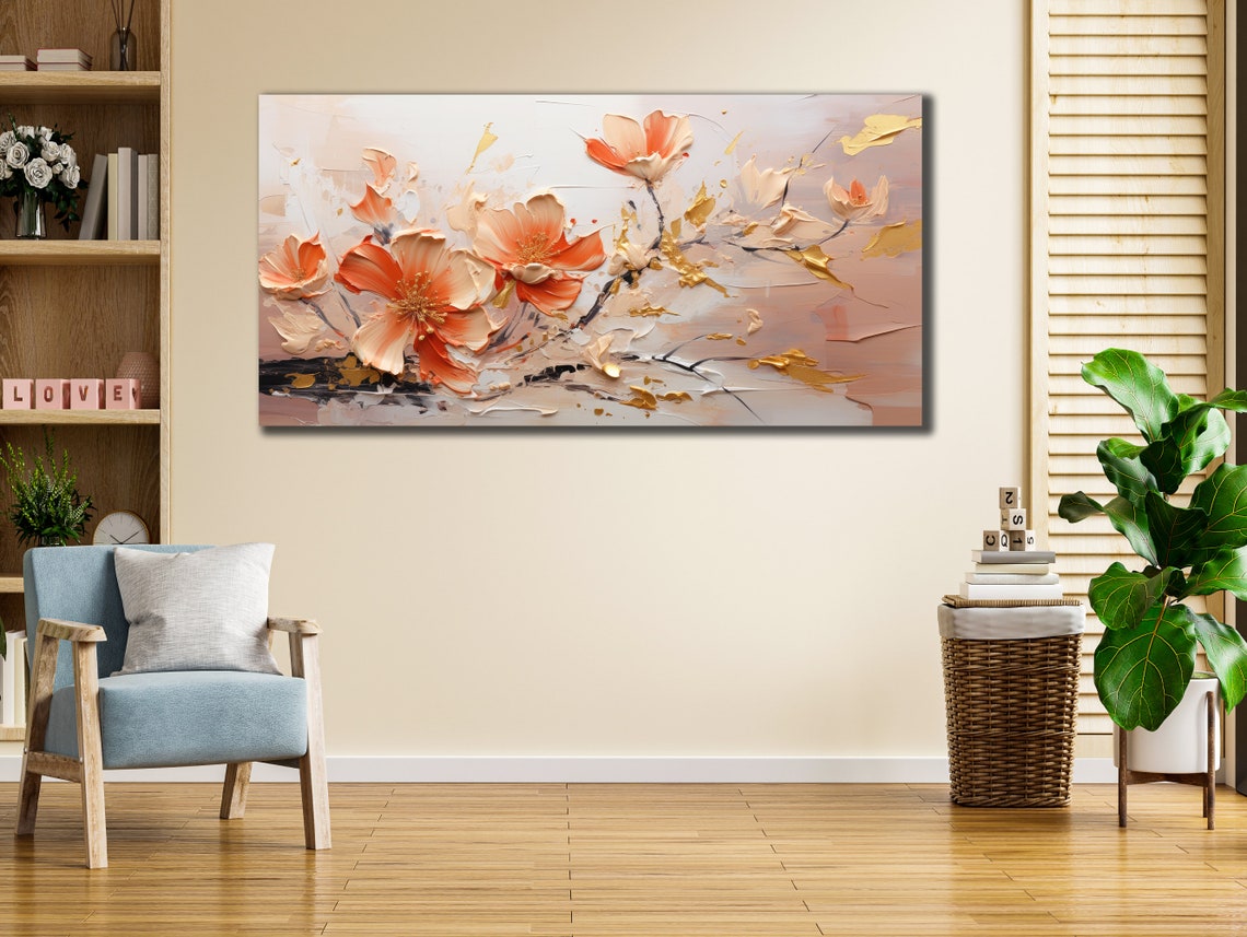 Coral Blossom Gold Leaf Textured Abstract Floral Wall Art Print - Image 2