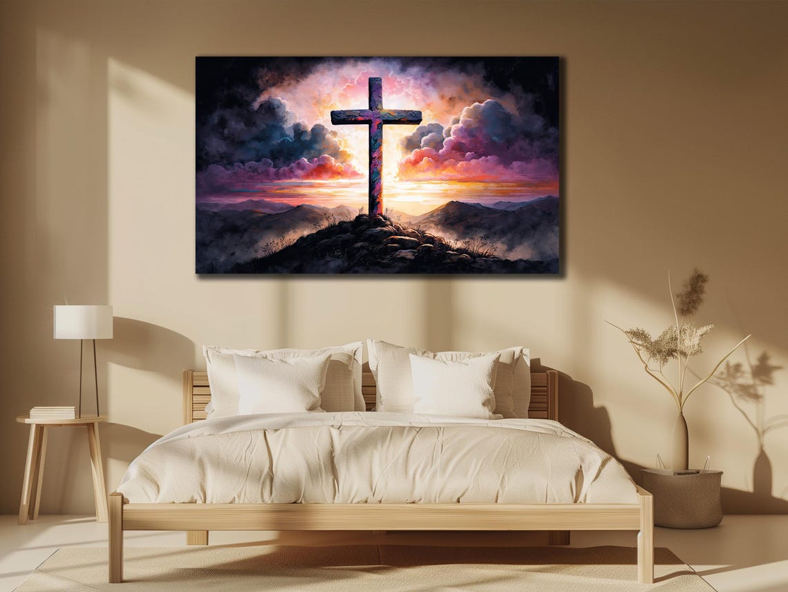 Cross On Rocky Hilltop Dramatic Sunset Faith Sky Painting Art Poster - Image 2