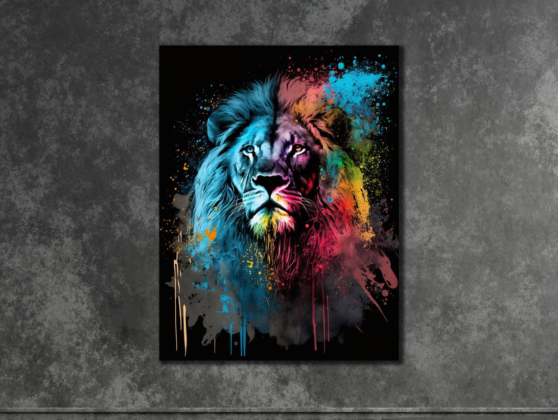Neon Rainbow Lion Head Splash Portrait Bold Animal Art Poster - Image 3